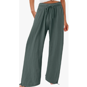 Linen Pants for Women Summer High Waisted Wide Leg Pants Casual Elastic Waist Palazzo Pants Beach Pants with Pockets, Dark Green, Large