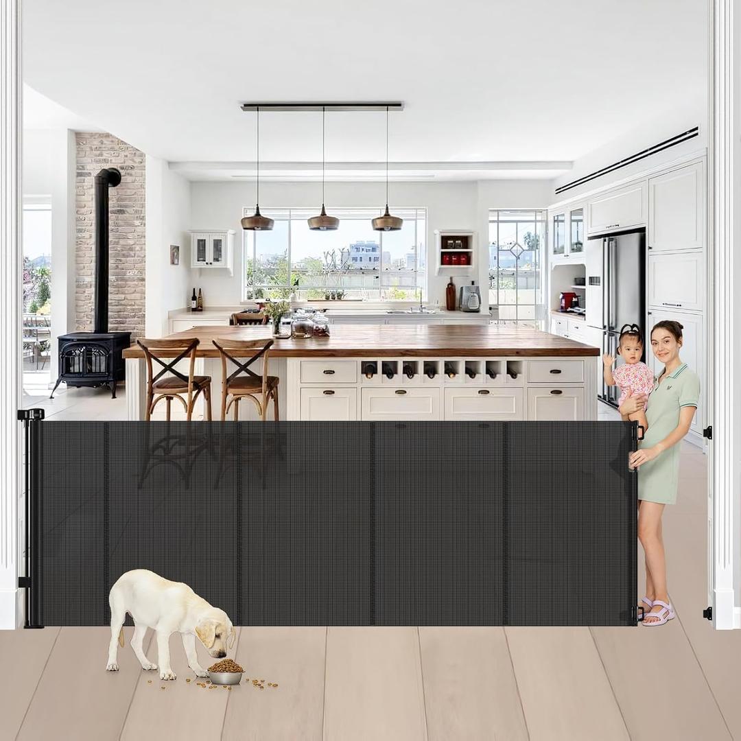 Reinforced 42” Tall x 100” Extra Wide Retractable Baby Gates for Doorways Extra Tall Pet Gate with Rods to Prevent Crawling Through, Dog Gate for Large Openings Extra Long Mesh Gate, Black