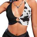 Women Western Cowgirl Crop Top - Country Concert Outfits Sexy Deep V Neck Cow Print Festival Rodeo Rave Tank Shirt, Size - XS