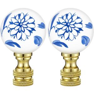 Retisee 2 Pcs 1.2 Inch Blue and White Porcelain Floral Ball Finials for Lamps Thread Size 1/4-27 Finial Lamp Shade Top Screw Lamp Topper Knob Ceramic Decorative Chinoiserie Finials Polished Brass Base