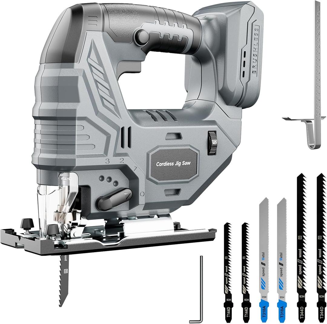 Cordless Jigsaw Compatible with DeWalt 20V Battery, Brushless Motor, 7-Speed Variable Control, 3200 RPM, 800W Power, 045 Bevel, LED Light, 6 Blades Included (Tool Only)