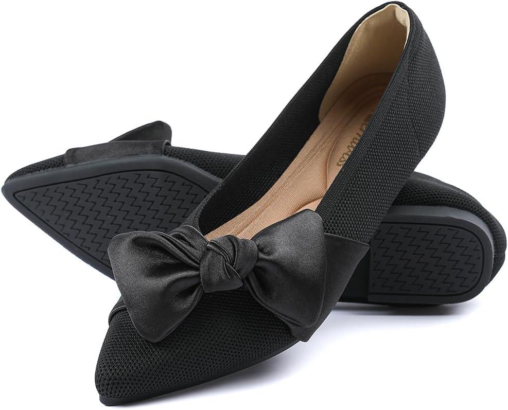 Semwiss Pointed Toe Ballet Flats for Women Slip On Comfortable Flats with Bow Dressy Casual Work Shoes (10, Black)