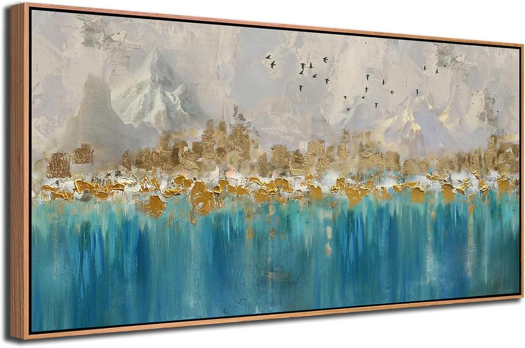 Arjun Framed Abstract Wall Art for Living Room Gold Blue Textured Canvas Art Wall Decor Bedroom Painting, Modern Picture Grey Mountain Artwork Home Office Wall Decoration, Large 40"x20"