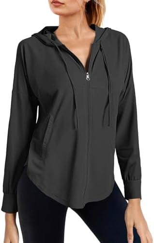 Fisoew Womens Athletic Jacket Hoodie Zip Up Cropped Lightweight Jackets UPF 50+ Sun Protection Long Sleeve Workout Shirt (Black,XL)