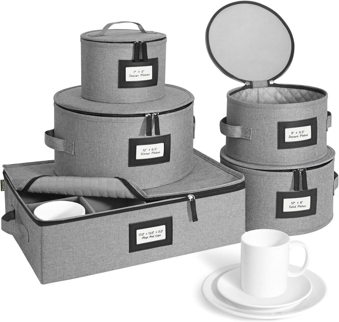 BALEINE China Storage Containers, Hard Shell Case for Organizing, Stackable Moving Storage Box with Felt Plate Dividers for Dishes, Glasses, Mugs (Plate Mug Combo) (Grey)
