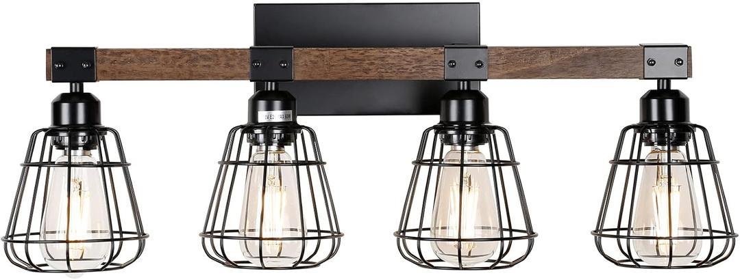 Bathroom Vanity Light Fixture, Rustic 4-Light Wood Wall Light, Industrial Bathroom Lighting Fixture Over Mirror, Modern Matte Black Metal Cage Wall Sconce for Hallway, Kitchen, Bedroom
