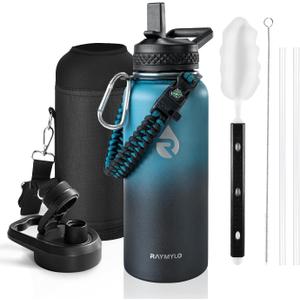 Insulated Water Bottle 32 oz, Triple Wall Vacuum Stainless Steel (Cold for 48 Hrs, Hot for 24Hrs), Leak Proof & Non-BPA, 32oz Hydro Water Flask with Paracord Handle & Straw Spout Lids (Indigo/Black)