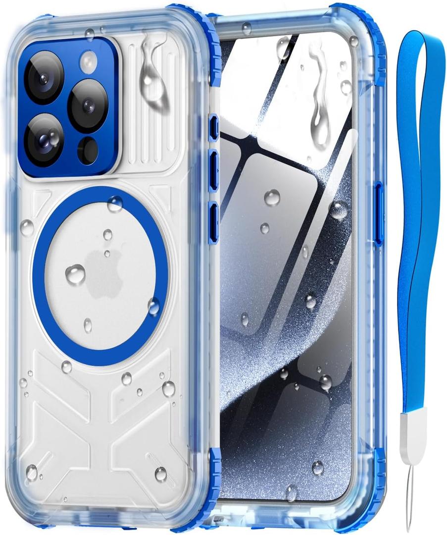 for iPhone 15 Pro Waterproof Case with Magsafe, Screen Protector, Lanyard, IP68 Military Full Body Shockproof, for Water Sports Outdoor Work, Funda para 15 Pro Impermeable, 6.1" Blue