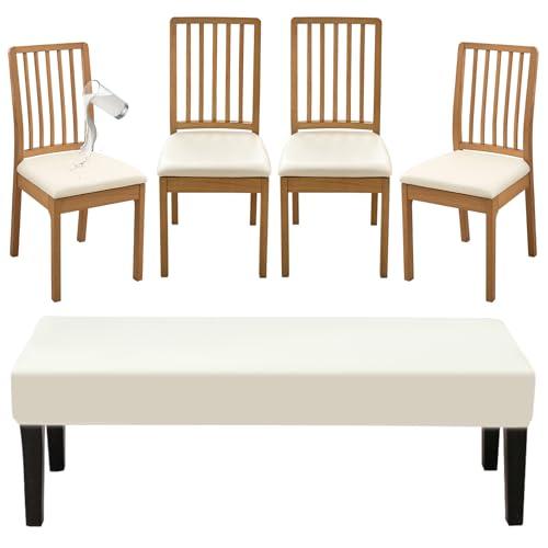 FUANGUI Dining Room Chair Covers Slipcovers Set of 4 with 1PC Bench Cover, Stretchable and Removable Slipcover for Kitchen, Living Room, Bedroom (Light Beige)