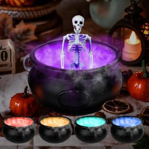 Halloween Mist Maker Fogger, 12.6" Big Witch Cauldron Skeleton with Color Change LED Light Large Capacity of Mist Water Fountain Pond Fog Machine and Splash Guard, Perfect for Halloween Decor