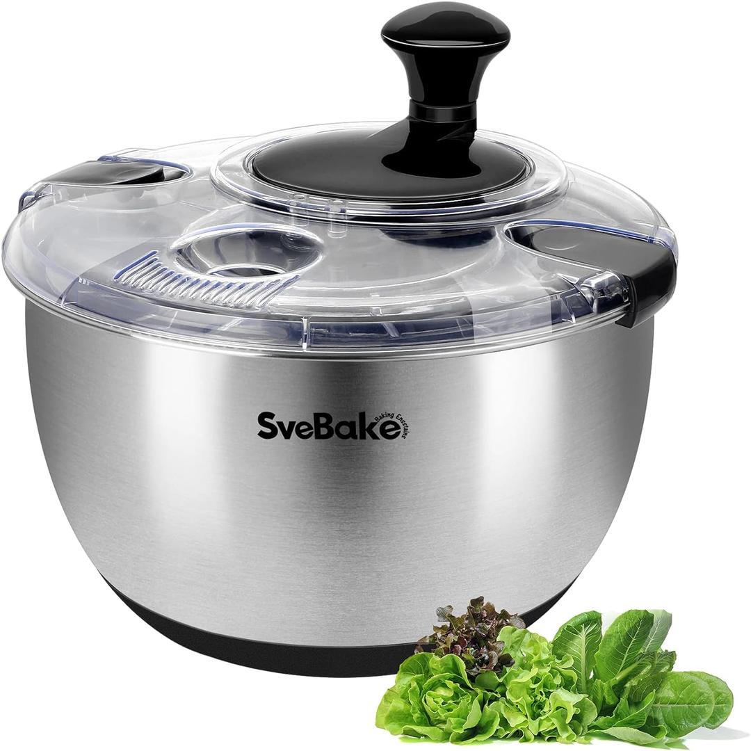 Stainless Steel Salad Spinner, 4.8 Qt Vegetable Washer, BPA-Free Lettuce Dryer with Crank Design, Dishwasher Safe, Non-Slip Base - Transparent Lid