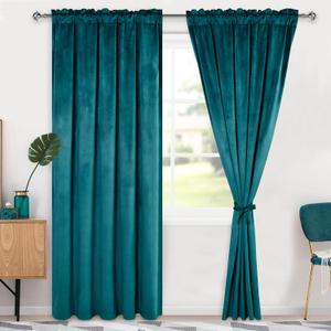 Hiasan Teal Velvet Curtains 84 inches-Blackout Thermal Insulated Solid Soft Curtains for Bedroom Living Room Rod Pocket Room Darkening 2 Panels Window Drapes with Tiebacks, 60W x 84L