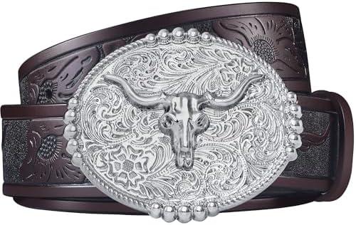 FIORETTO Western Cowboy Belts for Men Women Cowgirl Leather Belt Big Buckle Bull Belt for Jeans  Fit Waist Size 35"-38"