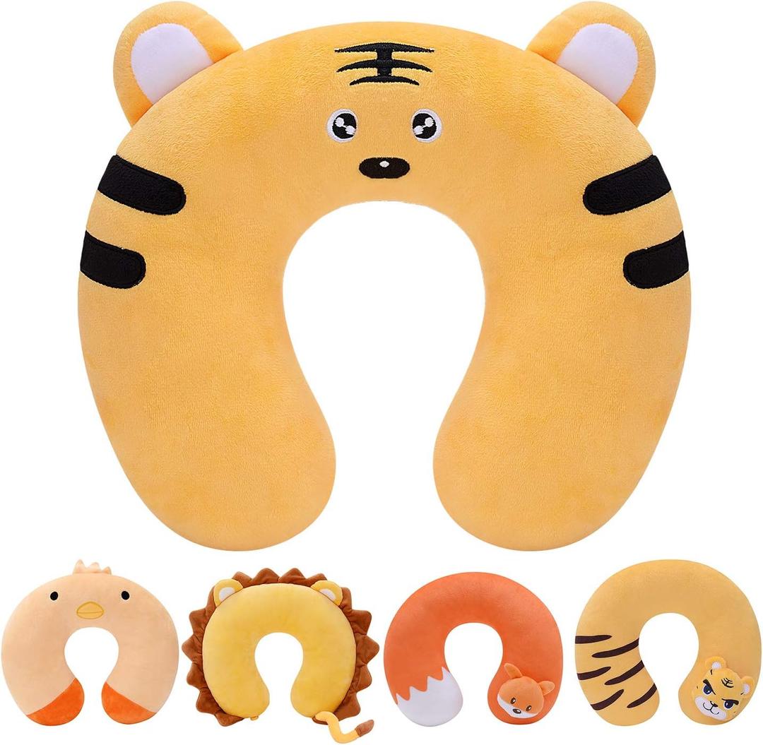 H HOMEWINS Travel Pillow for Kids,Cute Animal Toddler Neck Pillow for Boys Girls,Soft Neck Head Chin Support Pillow,Travel Accessories for Airplane, Car, Train,Recline (Tiger)