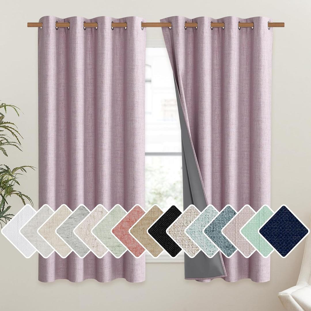NICETOWN Pink Vintage Linen 100% Blackout Curtains for Living Room, Thermal Insulated Curtains 48" Long, Noise Reducing Window Treatment Drapes for Hall Room, 52" Wide Per Panel, Set of 2