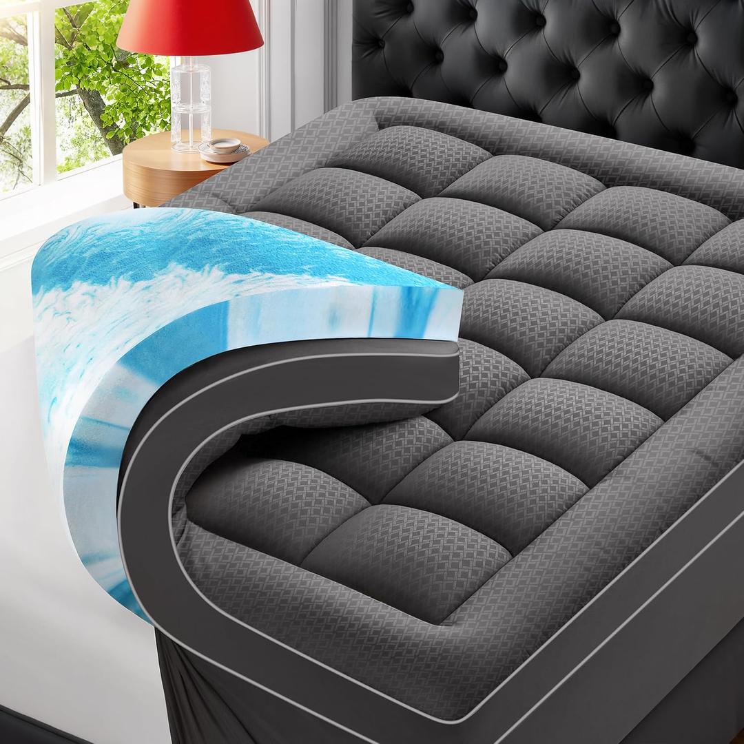 Premium Dual Layer 4 Inch Memory Foam Mattress Topper, 2 Inch Gel Memory Foam and 2 Inch Pillow Top Mattress Pad Cover for Back Pain, Extra Thick Comfort Support（Twin 39"x75"） Grey
