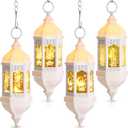 Threan 4 Pcs Ramadan Lantern Hanging Hexagon Decorations Ramadan Mubarak Lantern LED Eid Mubarak Lights Kids Gifts for Home Muslim Islam Festival Porch Decor(White)