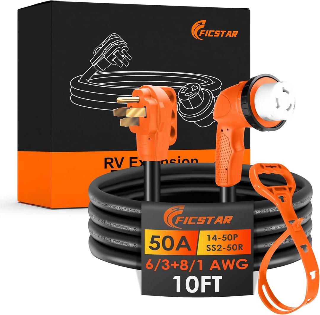 50 Amp RV Extension Cord 10 ft, Heavy Duty 6/3+8/1 SJTW AWG RV Power Cord with Grip Handle Twist Lock, NEMA 14-50P to SS2-50R with Polarity Lamp, Black