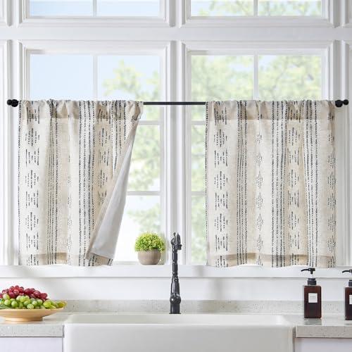 Jinchan Boho Linen Tier Curtains 45 Inch - Bohemian Cafe Geometric Striped Small Window Light Filtering Farmhouse Country Rustic for Kitchen Bathroom RV 2 Panels Black