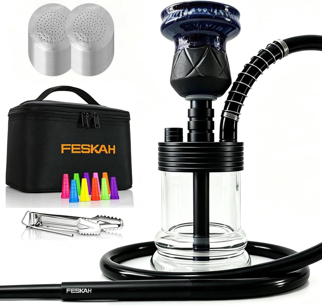 Portable Hookah Set with Everything - Small Glass Hookahs Mini Shisha Kit with Carrying Case, Handmade Stone Hookah Bowl & 10 Mouth Tips - Premium Handle Shisha Pipe for Car, Travel & Home (Black)