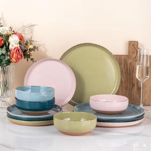 AmorArc Ceramic Dinnerware Sets for 4, 12 Pieces Handpainted Plates and Bowls Set with Rustic Terracotta Underside, Scratch Resistant Stoneware Dishes Set, Dishwasher & Microwave Safe
