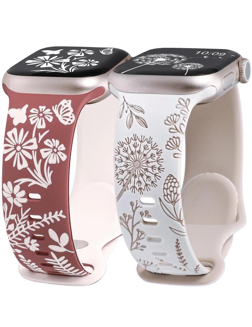 Wearlizer 2 Packs Floral Engraved Compatible with Apple Watch Bands 38/40/41/42/44/45/46/49mm Women, Cute Two-Tone Soft Silicone Strap for iWatch Series 11 10 9 8 7 6 5 4 3 SE/Ultra 3 2 1