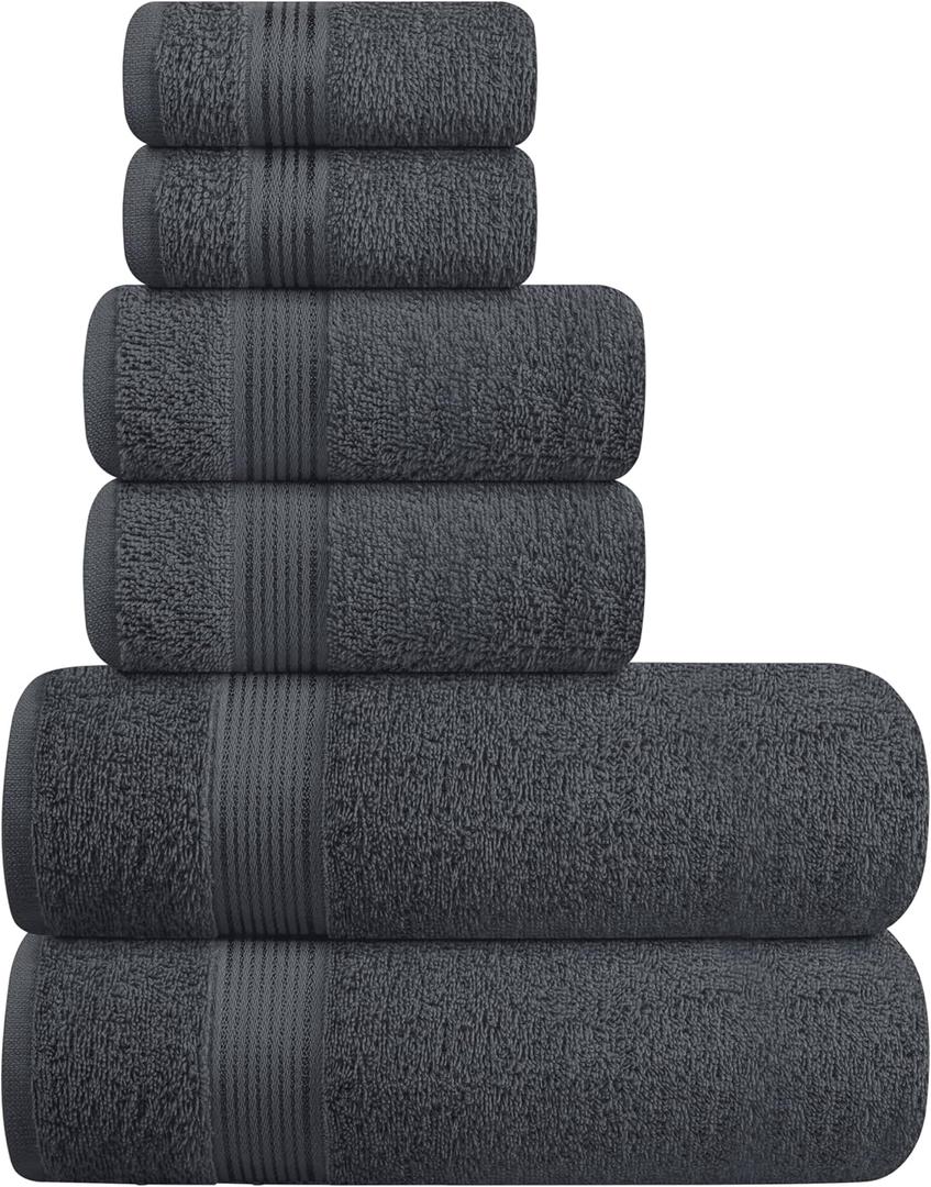 Elvana Home Ultra Soft 6 Pack Cotton Towel Set, Contains 2 Bath Towels 28x55 inch, 2 Hand Towels 16x24 inch & 2 Wash Coths 12x12 inch, Ideal Everyday use, Compact & Lightweight - Charcoal Grey