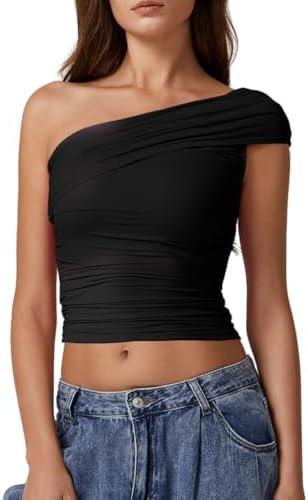 QINSEN Womens Sleeveless Foldover Top Double Lined One Shoulder T Shirts Summer Trendy Going Out Crop Tops S, Black