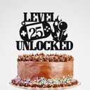 2 x Glitter Level 25 Unlocked Cake Topper, Happy 25th Birthday Cake Toppers, Vintage Game Controller Birthday Party Decorations Black