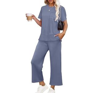 Women's Lounge Sets Fashion Outfits Wide Leg Loungewear Side Slit Tracksuit for Vacation Travel Airport, Blue XL