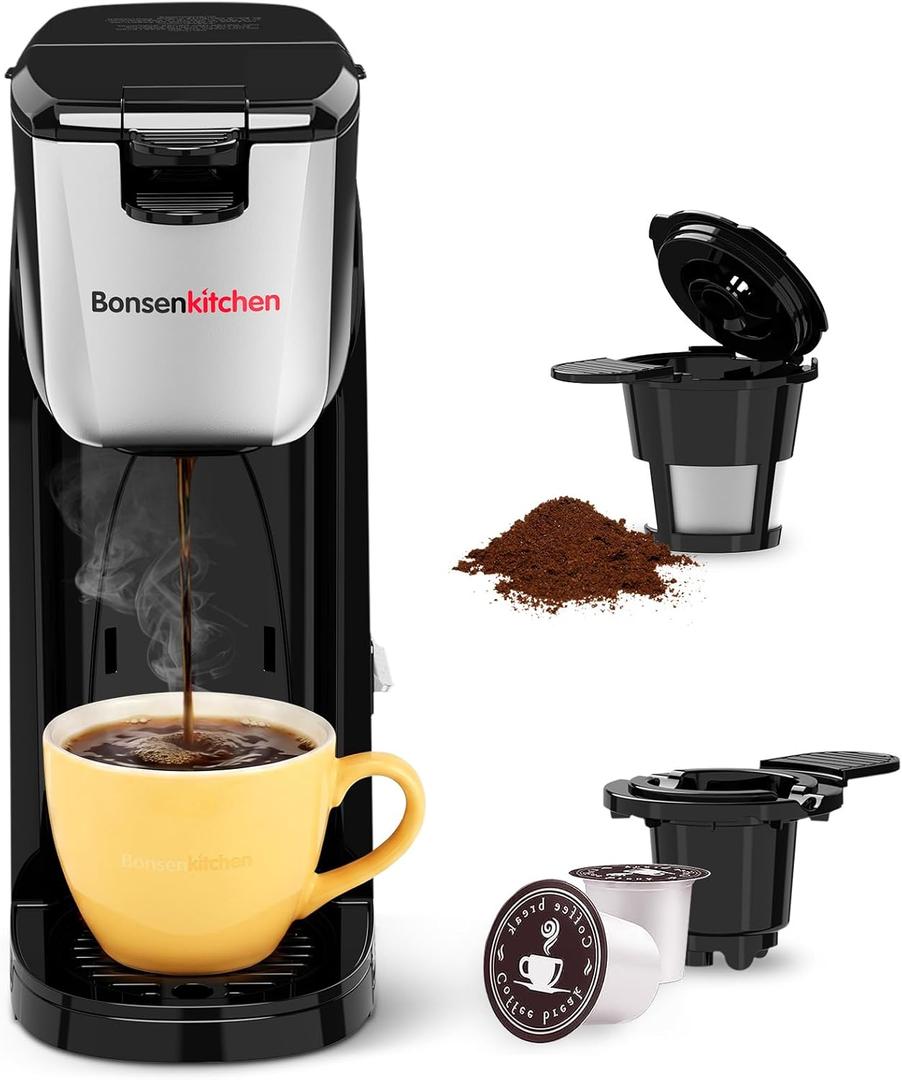 Bonsenkitchen 2-in-1 Single Serve Coffee Maker for K Cup & Ground Coffee, Fast Brewing (6-14oz),One Cup Coffee Machine with Travel Mug,Space-Saving for HomeOfficeDorm