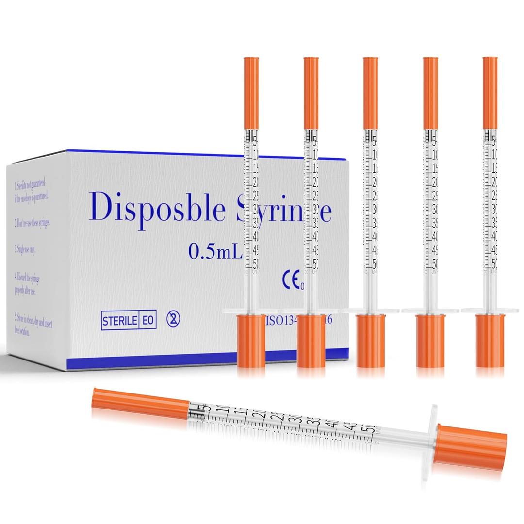 0.5 ml/cc Syringes 31G x 1/2 (13mm) Disposable Lab Syringe with Cap, 100 Pack