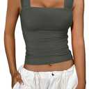 REORIA Womens Sexy Square Neck Double Lined Mesh Sheer Ruched Crop Going Out Tops Y2k Trendy Cute Tank Top Summer Outfits (Gray, S)