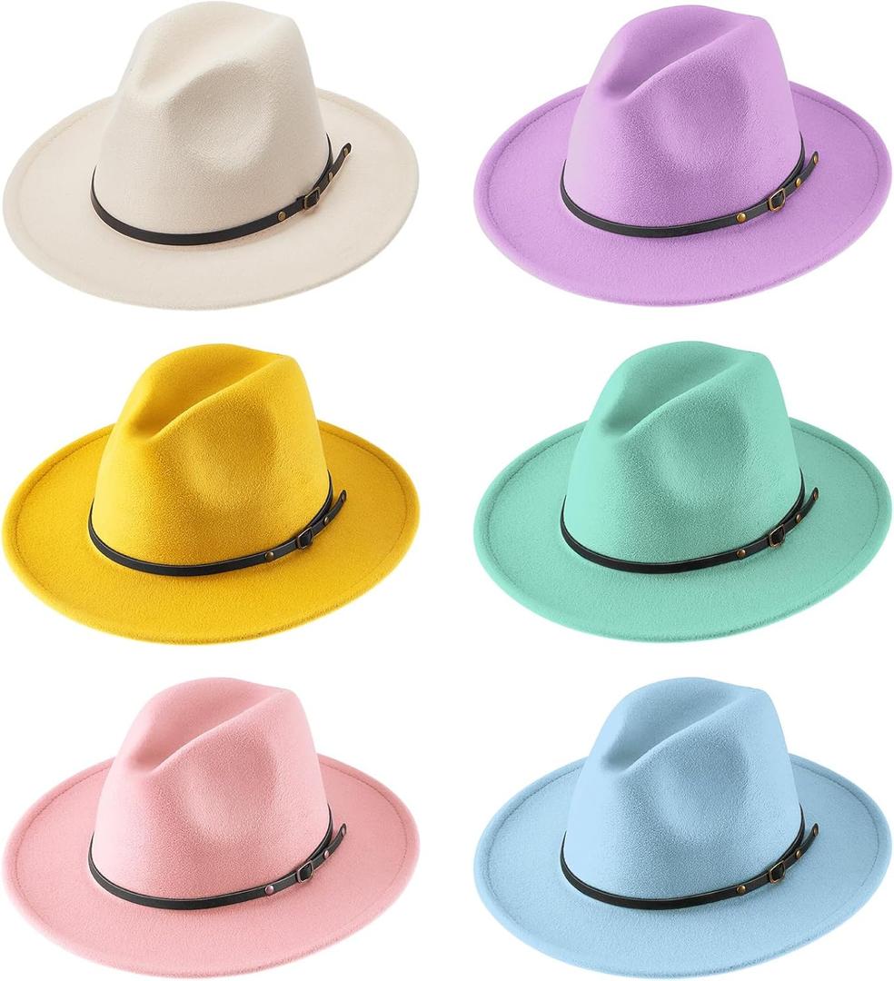 Hercicy 6 Pcs Fedora Hats for Women Men Felt Wide Brim Hats Vintage Boho Hat with Belt Buckle Panama Hat 