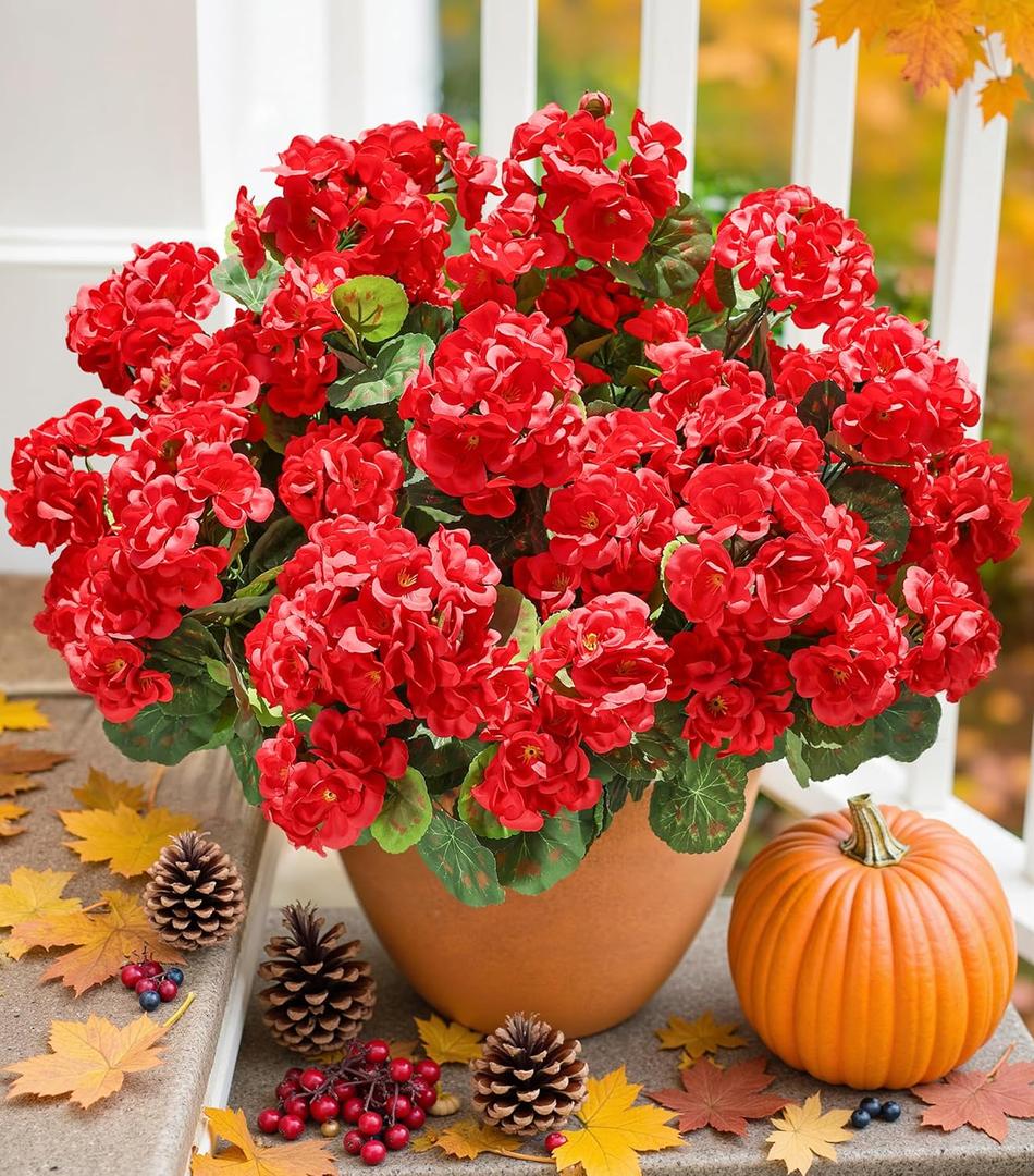 Artificial Geraniums Fake Flowers for Outdoors Decoration, 6 Bundles Silk Geraniums Red Flower UV Resistant Look Real Faux Plants for Front Door Garden Porch Planter Patio Balcony Yard Indoor Home