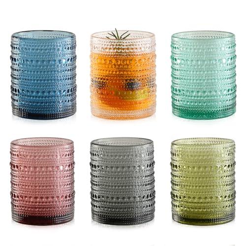 KMIGRUAN Colored Hobnail Drinking Glasses Set of 6,12oz Vintage Kitchen Glassware,Embossed Beaded Glass Cups,Water Tumbler for Cocktail,Juice and Various Mixed Drinks
