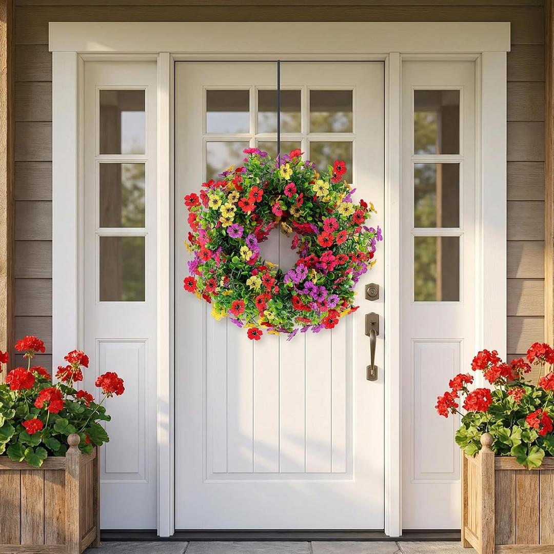 21'' Artificial Wreath for Outdoor Indoor UV Resistant Fake Plastic Plants Faux Flowers Daisy with Eucalyptus Leaves for Home Garden, Porch, Window Box, Front Door, Mix for Fuchsia Purple Yellow Red