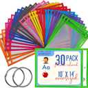 30 Packs Oversized Dry Erase Pockets Sleeves - 10 Assorted Colors with 2 Binder Rings - Dry Erase Sheets Reusable - 10x14 Ticket Holders - Clear Plastic Sheet Protectors for Classroom Teacher Supplies