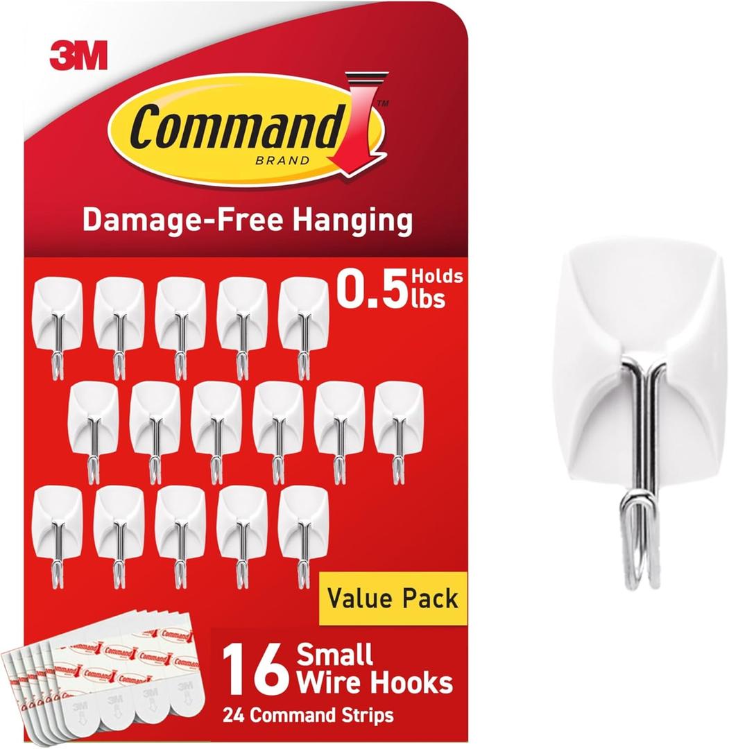 Command Small Wire Toggle Hooks, Damage Free Hanging Wall Hooks with Adhesive Strips, No Tools Wall Hooks for Hanging Organizational Items in Living Spaces, 16 White Hooks and 24 Strips