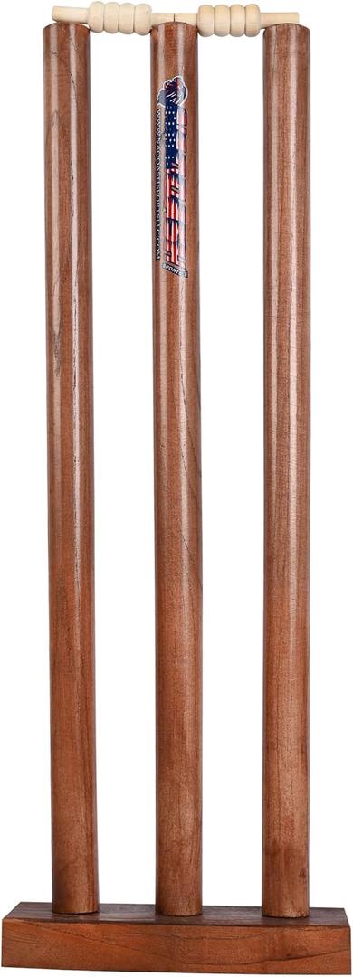 Wooden Cricket Wicket Stumps Multi-Surface Placement with Wood Base. 3 Wickets and 2 Bails