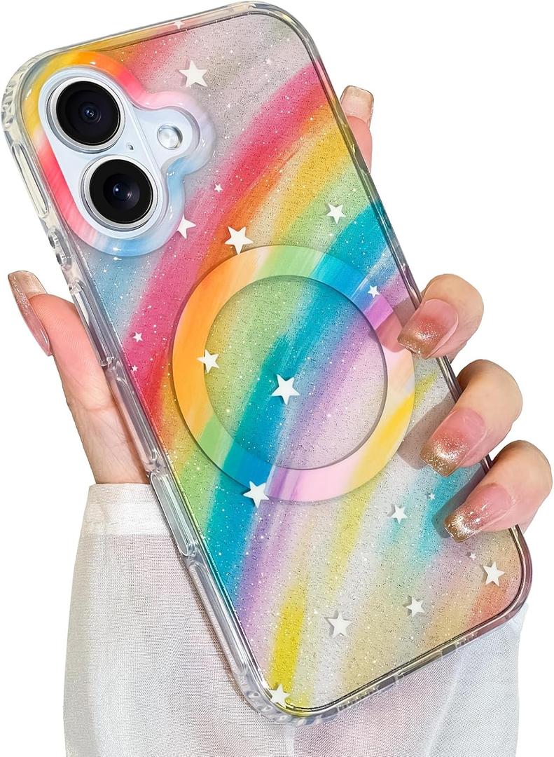 Cute Case for iPhone 17 Case for Women Girls [Compatible with Magsafe] Aesthetic Girly Trendy Glitter Sparkly Bling Magnetic Protective Phone Cover, Rainbow (iPhone 17 (6.3 inch)