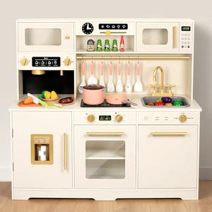 Wooden Play Kitchen for Toddler, Toy Kitchen Set for Kids Pretend Play with 41 Pcs Toy Food & Cookware Accessories, Kitchen Playset Gift for Boys and Girls Ages 3+