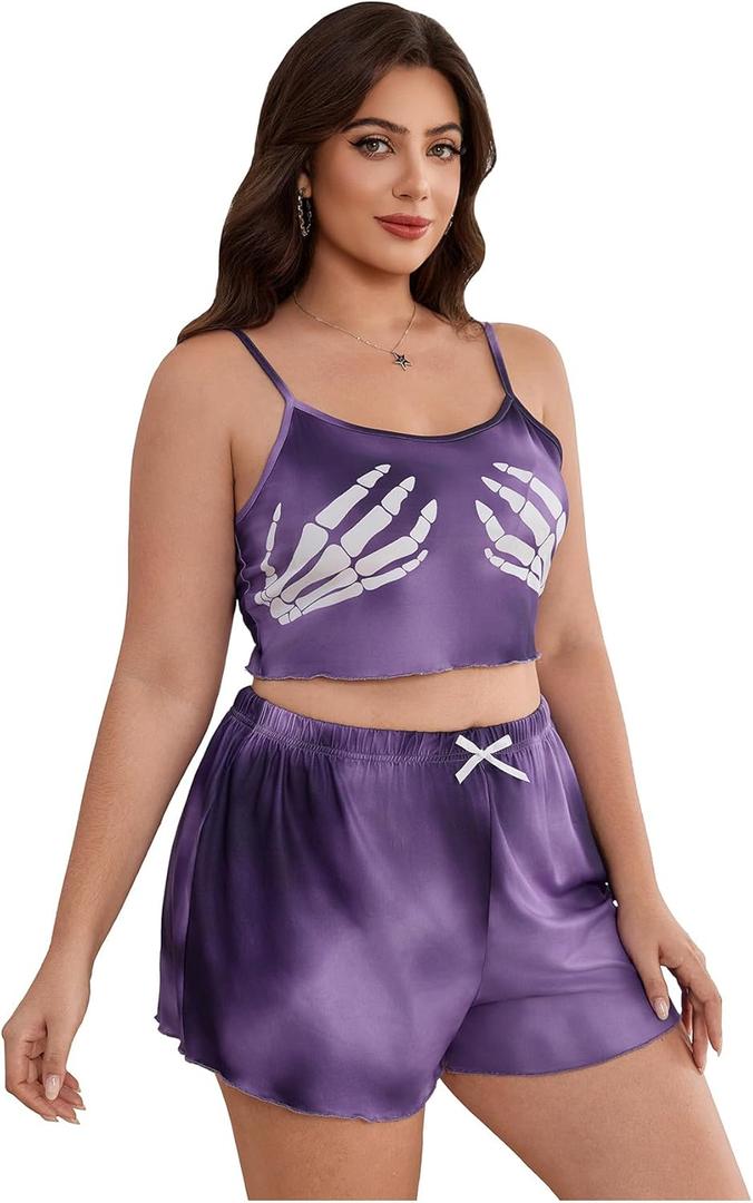 Floerns Women's Plus Size 2 Piece Halloween Tie Dye Pajama Sets Skeleton Print Tops and Shorts Set (X-Large Plus, Dark Purple)