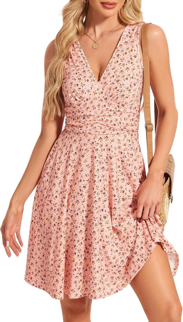 Women's Spring Sundresses Sexy V Neck Sleeveless Floral Summer Dresses for Women 2025 with Pockets Flowy Mini Dress (Medium)