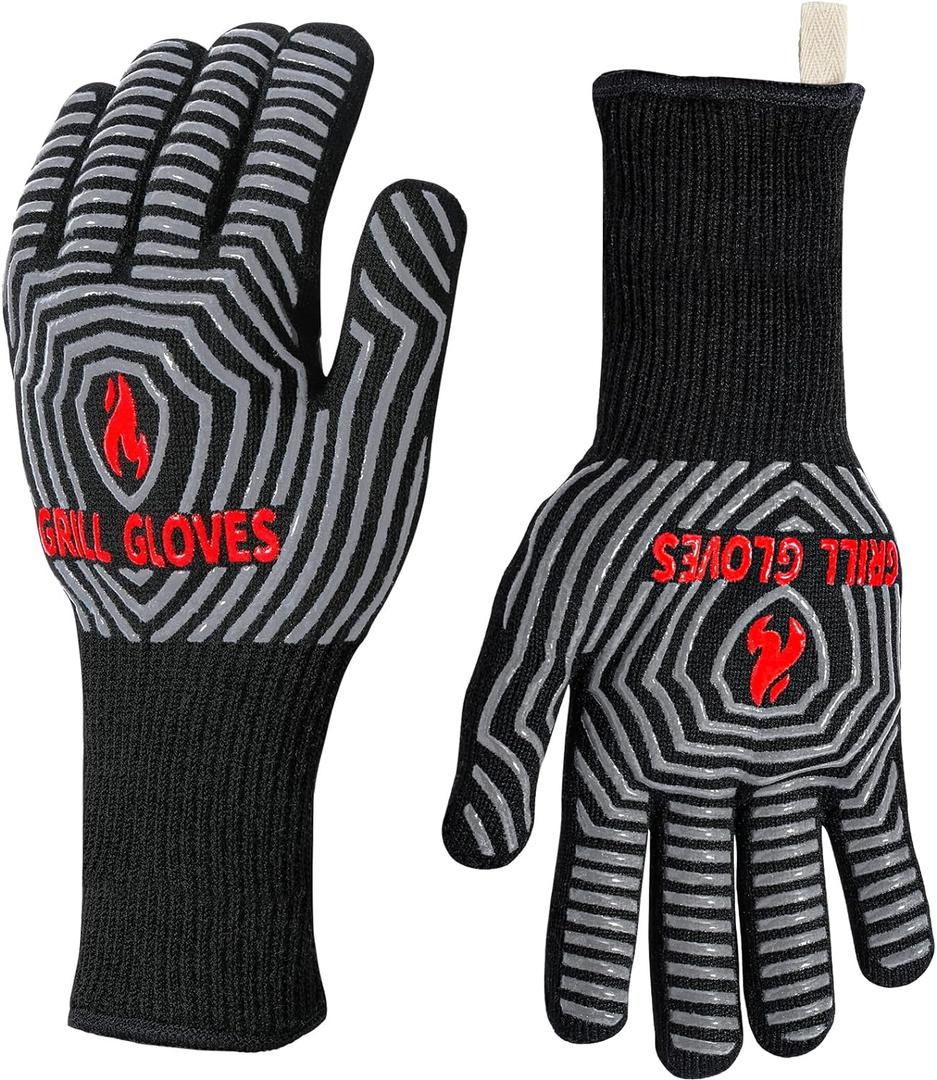 QUWIN BBQ Gloves, Oven Gloves 1472 Extreme Heat Resistant, Grilling Gloves Silicone Non-Slip Oven Mitts, Kitchen Gloves for BBQ, Grilling, Cooking, Baking-1 Pair (Black, One Size(Long Cuff))