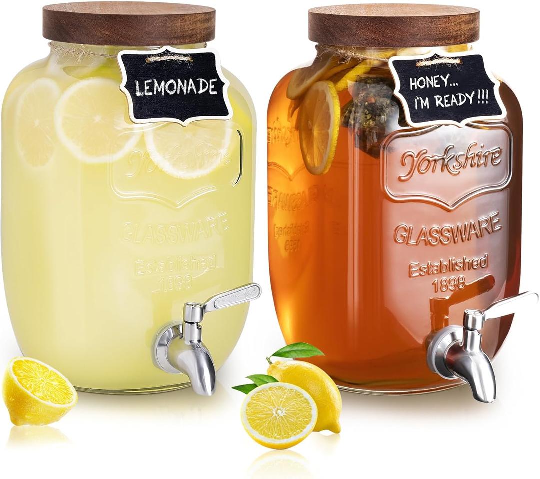 Mustry Glass Drink Dispenser for Parties, 1 Gallon Beverage Dispenser with Spigot Solid Stainless Steel, Used as Lemonade Dispenser Sun Tea Jar Kombucha Jar, Set of 2 (Double)
