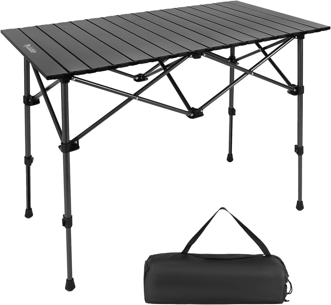 Camping Table Folding Portable Camp Aluminum Fold Up Lightweight Roll Up Table Adjustable Height with Carry Bag Indoor Outdoor for Camping, Picnic, Backyard, BBQ, Patio, Black (36.8"L x 21.9"W x (21.5-29.5)"H)