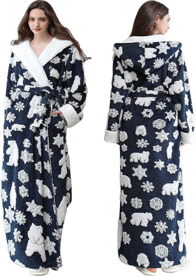 Oksun Womens Long Warm Hooded Robe: Full Length Thick Fleece Fluffy Bathrobe - Jacquard Soft Cozy Christmas Winter Housecoat Size M