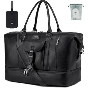 weiatas Leather Travel Duffel Bag for Women Men, Large Weekender Overnight Bag with Shoes Compartment, Waterproof Carry On Bag Travel Tote Bag Gym Bag with Luggage Strap (Black)