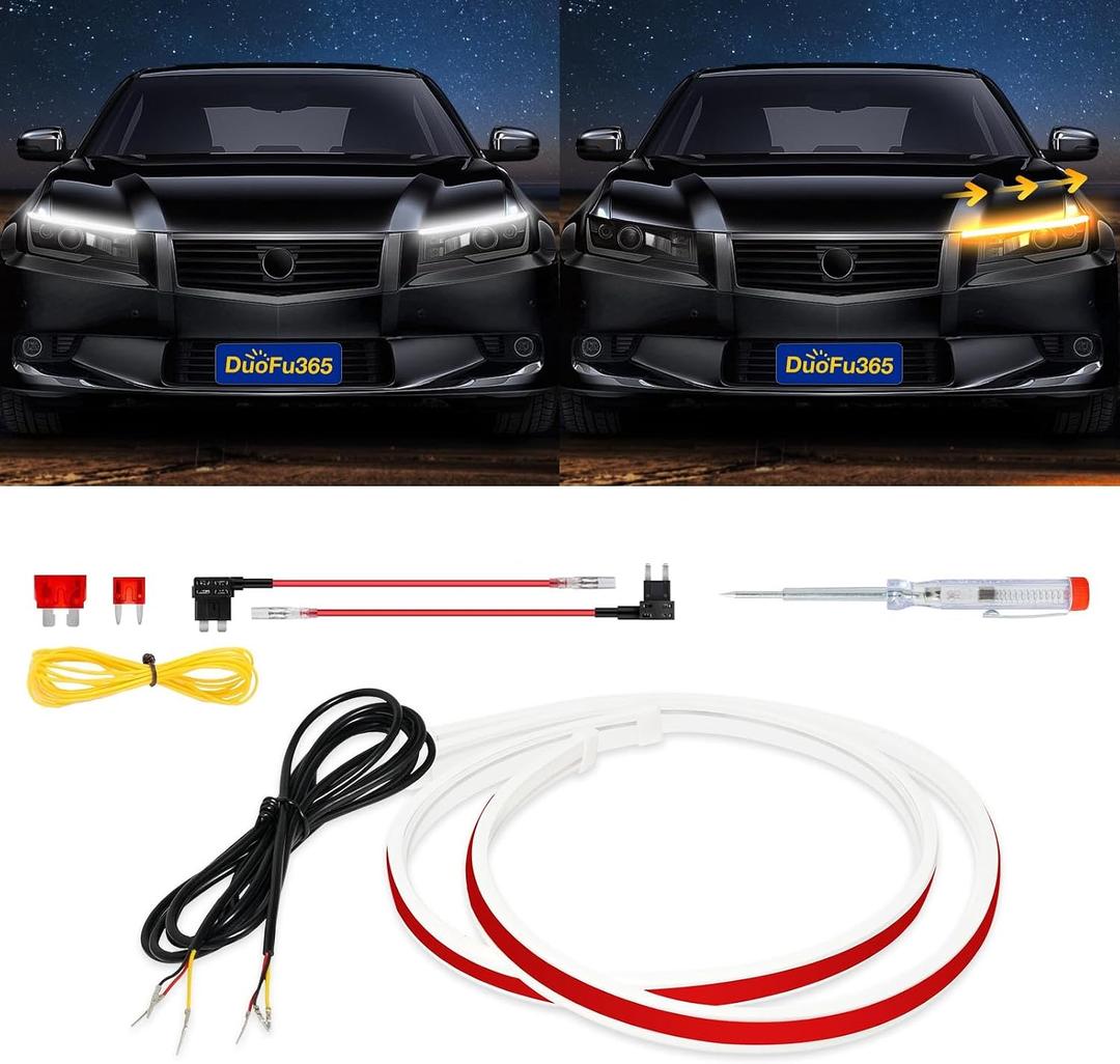 DUOFU365 DRL Led Light for Car, Switchback Led Strip Light, 2Pcs 24inches Dual Color Sequential Turn Signal Strip (Amber/Yellow & White)